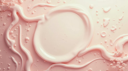 A soft, pink creamy texture spreads across a light surface, accentuated by droplets and gentle swirls, creating a soothing visual experience.の素材
