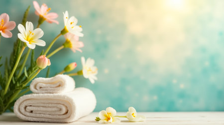 Soft white towels are neatly folded beside delicate flowers, creating a calming atmosphere perfect for a spa or wellness retreat focused on relaxation.の素材
