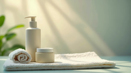 A calming arrangement features a pump bottle and a small jar of skincare cream on a neatly folded towel, illuminated by soft natural light.の素材