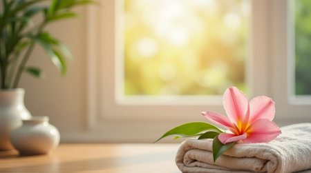 A calming spa environment features a neatly folded towel adorned with a pink flower, basking in soft morning light that filters through a window, surrounded by lush greenery.の素材