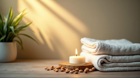 A calming arrangement features a lit candle on a wooden base, soft towels stacked nearby, and scattered almonds, enhancing a tranquil spa atmosphere.の素材