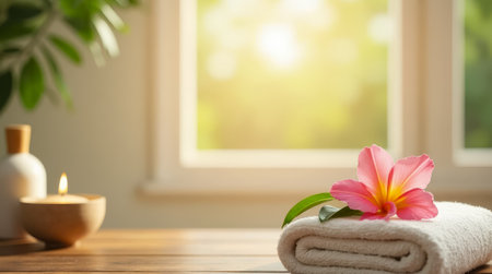 A white towel is neatly rolled on a wooden table, accompanied by a pink flower and a small plant. Soft sunlight filters through the window, creating a tranquil atmosphere.の素材