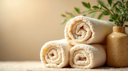 Three rolled towels rest neatly on a soft surface beside a small vase with greenery, creating a serene atmosphere ideal for relaxation or a spa-like experience.の素材