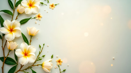 A delicate arrangement featuring vibrant yellow and white plumeria flowers rests on a soft, light-colored background, complemented by scattered petals enhancing the aesthetic.の素材
