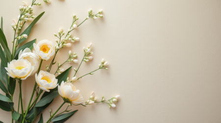 This arrangement showcases elegant white peonies and soft green buds against a muted beige backdrop, creating a serene atmosphere ideal for relaxation and decoration.の素材
