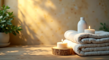 Fluffy white towels are neatly stacked beside lit candles on a rustic wooden slice, complemented by a bottle and soft lighting that enhances the calming ambiance.の素材