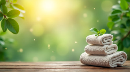 Three fluffy towels are arranged on a wooden surface, accentuated by a small green plant on top, set against a lush, vibrant background during daytime.の素材