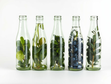 A collection of five glass bottles filled with various fresh leaves and blueberries placed side by side, creating a visually appealing, natural display.の素材