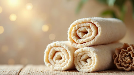 Three soft, neatly rolled towels sit on a rustic wooden surface, complemented by a warm glow and a hint of greenery in the background, ideal for a relaxing spa experience.の素材
