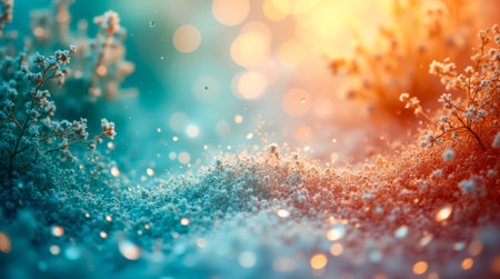 A tranquil meadow filled with delicate flowers glows softly as ambient light filters through during sunset, creating a peaceful and enchanting atmosphere.の素材