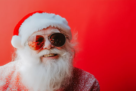 A cheerful Santa Claus adorned with sunglasses and a red hat beams with joy, celebrating the festive spirit against a vivid red backdrop in December.の素材