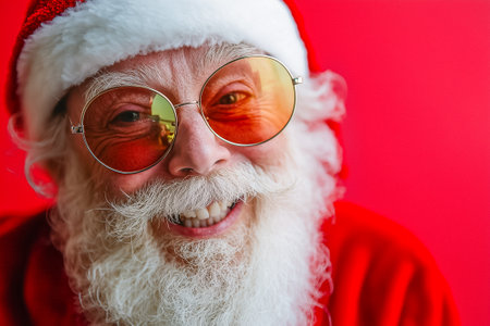 A joyful Santa Claus wearing stylish glasses and a traditional red suit beams with happiness against a vivid red backdrop, spreading holiday cheer.の素材