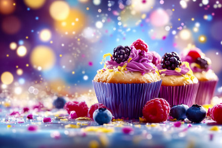 Delicious cupcakes adorned with rich purple frosting and a variety of fresh berries, set against a sparkling, colorful background that enhances their appeal.の素材