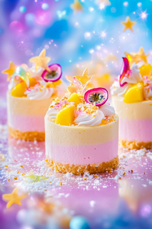 Three delightful miniature layered cakes are beautifully adorned with fresh fruit and creamy toppings, set against a dazzling, colorful background that adds a whimsical touch.の素材
