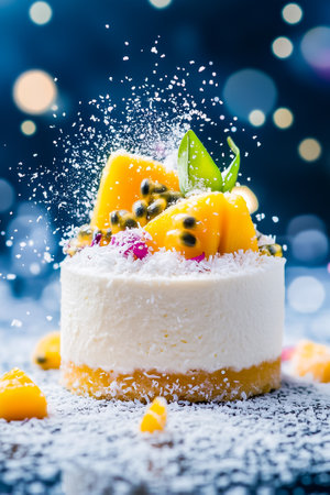 A delightful miniature cheesecake features a creamy white filling adorned with fresh mango and passion fruit, sprinkled with coconut flakes, all set against a shimmering backdrop.の素材