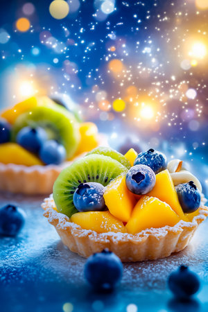 Delicious miniature fruit tarts are beautifully arranged with fresh blueberries, kiwi, and mango, set against a shimmering blue background that adds a magical touch.の素材