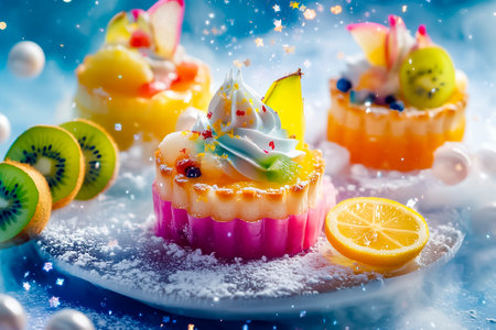 Small lemon tarts are beautifully adorned with fresh fruits, cream, and colorful decorations, creating an appealing dessert display ideal for any occasion.の素材