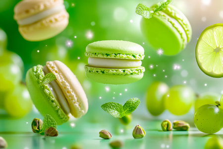 This composition showcases several floating macarons in green and yellow hues, surrounded by fresh limes, mint leaves, and scattered pistachios, creating a lively atmosphere.の素材
