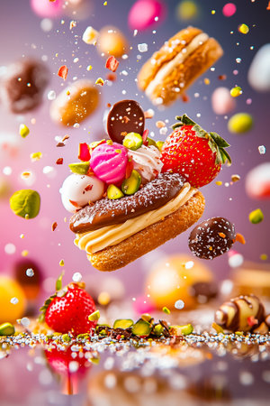 A striking collection of tiny desserts hovers gracefully in mid-air, featuring fun colors and textures, creating an enchanting spectacle of confectionery delight.の素材