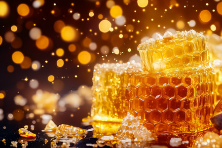 Tiny honey cakes are beautifully displayed, glistening in the sunlight, surrounded by a soft, sparkling golden backdrop that enhances their sweetness.の素材