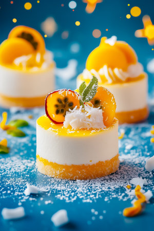 Miniature tropical desserts showcase a delicious combination of flavors, garnished with fresh fruit and coconut, set against a vibrant blue background for a delightful visual appeal.の素材