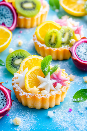 Small lemon tarts are displayed elegantly, topped with vibrant slices of citrus, kiwi, and decorative edible flowers, creating a colorful and inviting dessert assortment.の素材