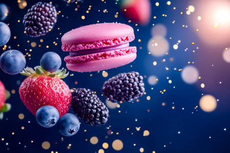 Burgundy macarons are beautifully displayed amidst a vibrant collection of strawberries, blueberries, and blackberries, creating a striking contrast against the dark backdrop.の素材