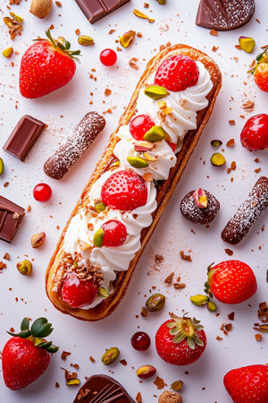 An exquisite eclair topped with fresh strawberries and whipped cream sits tantalizingly among an array of chocolate candies and nuts, creating a delightful dessert display.の素材