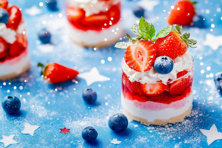 Bright tiny strawberry desserts are beautifully arranged with layers of cream and fresh berries, showing vibrant colors and textures against a blue backdrop.の素材
