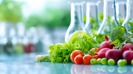 Colorful vegetables like radishes, lettuce, and tomatoes are placed next to glass beakers in a vibrant lab setting, emphasizing the blend of nutrition and science.の素材