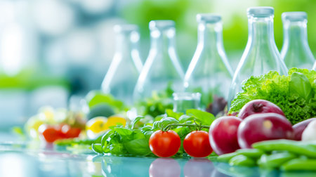 A collection of vibrant vegetables and fragrant herbs is neatly arranged alongside clear glass bottles, all illuminated by bright natural light in a cheerful kitchen atmosphere.の素材