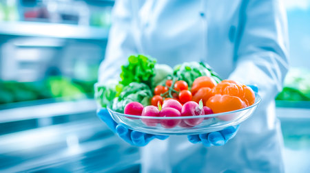 A chef in a white coat and blue gloves presents a glass plate filled with colorful fresh vegetables and fruits in a modern kitchen. The bright setting highlights the freshness of the produce.の素材