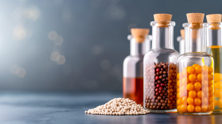 Various spices and oils are displayed in transparent glass containers with cork stoppers on a countertop, illuminated by soft background lighting.の素材