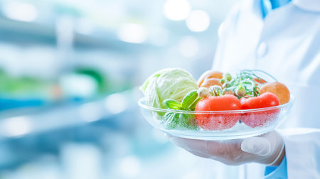 Holding a bowl of freshly harvested tomatoes, lettuce, and herbs, a scientist in a lab coat emphasizes the importance of fresh produce in a laboratory setting.の素材