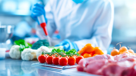 A chef in a white coat and gloves expertly prepares fresh vegetables and meat on a countertop, showing vibrant produce and meticulous technique.の素材