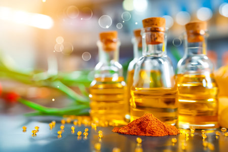 Glass bottles filled with vibrant essential oils are arranged with a heap of ground spices. The setting features a bright kitchen atmosphere, highlighting natural ingredients.の素材