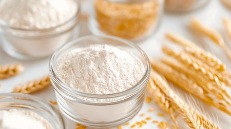 Different kinds of flour are arranged in transparent jars, surrounded by strands of wheat, showing culinary ingredients for baking and cooking.の素材
