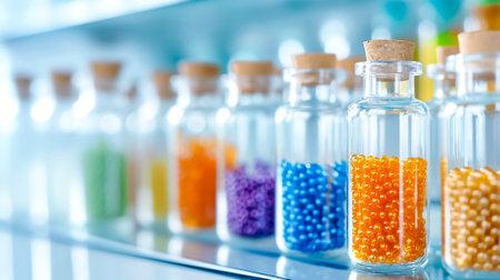 Various glass jars are filled with colorful beads, showcasing an array of vibrant hues, arranged neatly on a shelf in a bright crafting studio.の素材