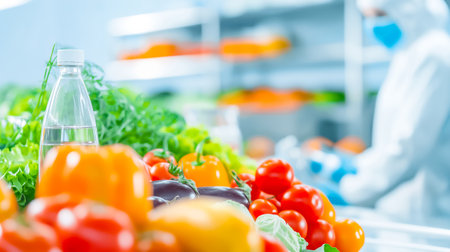 A variety of fresh vegetables, including peppers and tomatoes, is arranged alongside bottled water in a food processing facility focused on cleanliness and preparation.の素材
