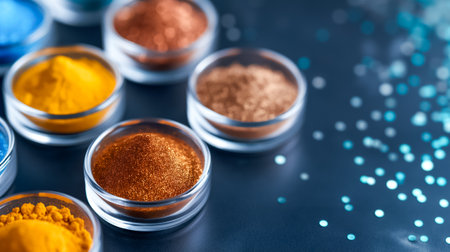 A vibrant display of natural powders in various colors is arranged neatly in glass containers on a dark surface. Sparkling glitter adds a decorative touch to the scene.の素材