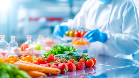 A person dressed in protective clothing sorts and packages fresh vegetables and fruits in a hygienic kitchen. The vibrant produce includes tomatoes, strawberries, and greens.の素材