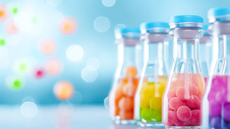 A collection of glass vials showcases a variety of colorful liquids, including orange, yellow, pink, and purple. The vibrant display evokes a sense of creativity and curiosity.の素材