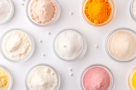 A selection of colorful spices and powders displayed in small glass containers on a clean white background, highlighting their diverse textures and hues.の素材