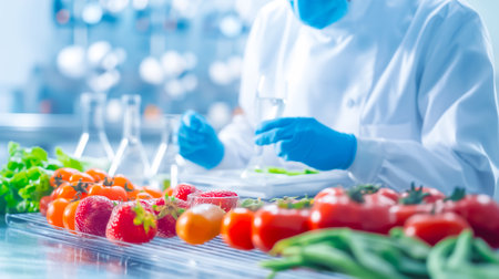 A chef in a white uniform and protective gear meticulously prepares vibrant vegetables on a stainless steel countertop, focusing on culinary details and presentation.の素材