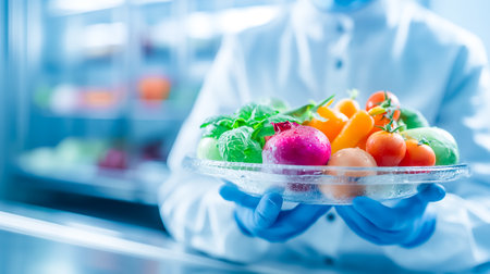Holding a platter of colorful vegetables, a technician in protective clothing evaluates their freshness in a clean and well-lit facility, focusing on food safety.の素材