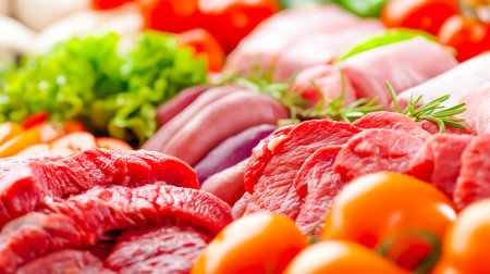 A vibrant assortment of various meats and fresh vegetables is beautifully displayed at a market, showcasing a variety of colors and textures under morning light.の素材