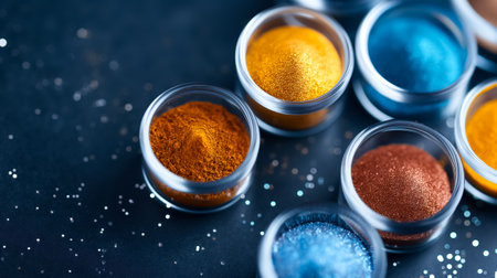 Various vibrant powdered pigments are neatly stored in small glass jars, creating an artistic display against a dark backdrop, with glittering particles adding charm.の素材