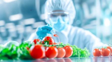 A scientist in protective gear is carefully applying a substance to ripe tomatoes in a laboratory. The setting is bright, focusing on food safety and quality research.の素材