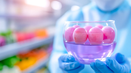 A lab technician wearing blue gloves showcases a glass bowl containing pink spheres suspended in a transparent liquid. The backdrop reveals an array of vibrant fruits and vegetables.の素材