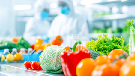 Two workers wearing protective clothing and masks are focused on preparing a variety of fresh vegetables in a sanitized kitchen, ensuring food safety and hygiene.の素材